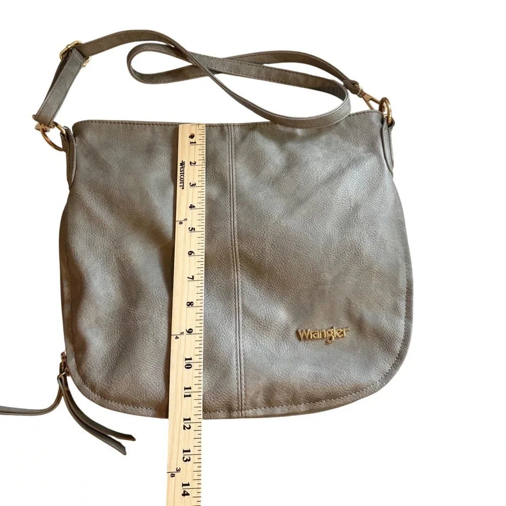 Wrangler Metallic Grey Faux Leather Crossbody Hobo Bag Gold Hardware Western